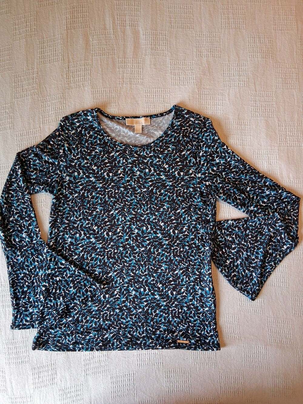 MICHAEL Michael Kors Bell Sleeve Top Size S Blue Black Leaf Print